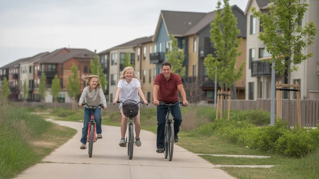 A family bikes on a trail near new housing developments in Thornton, Colorado