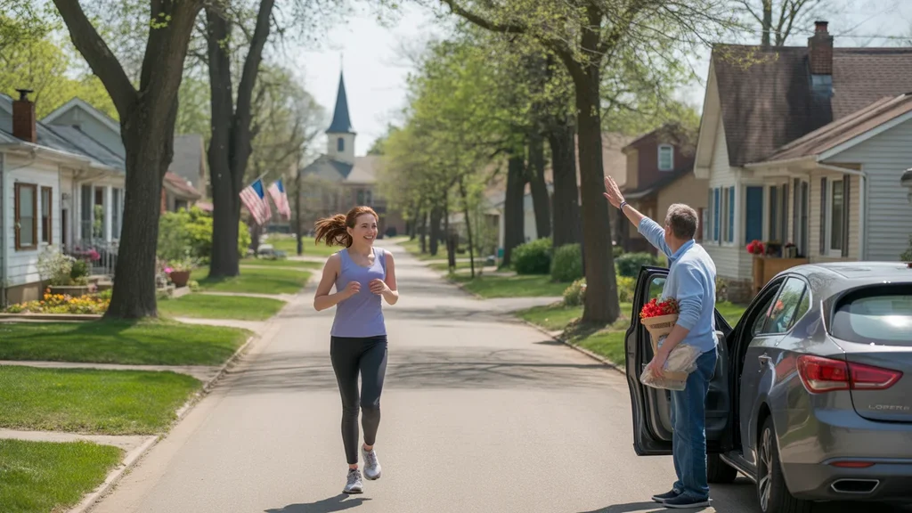 Woman jogging past suburban homes on a sunny morning in Joliet, Illinois