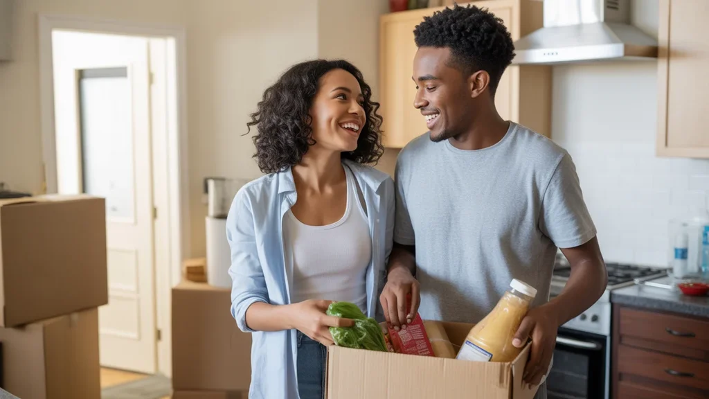 Couple unpacking groceries in new Nashville apartment kitchen