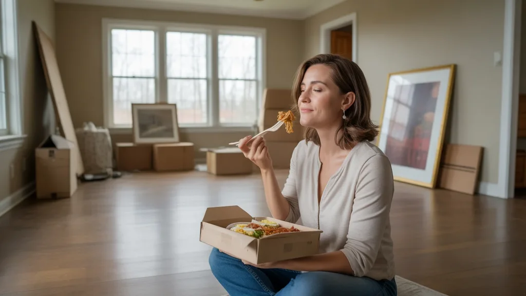 Woman eating takeout in empty living room of new Madison home
