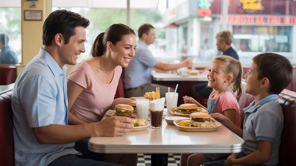 Family eating together at a diner booth in Joliet, IL
