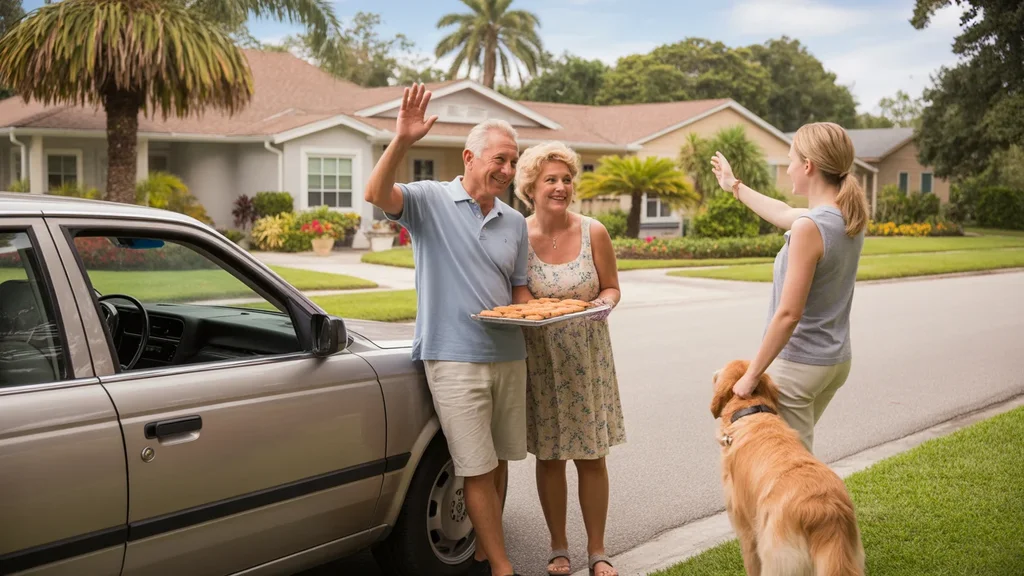 Older couple waving to neighbor from driveway of their home in Orlando suburb