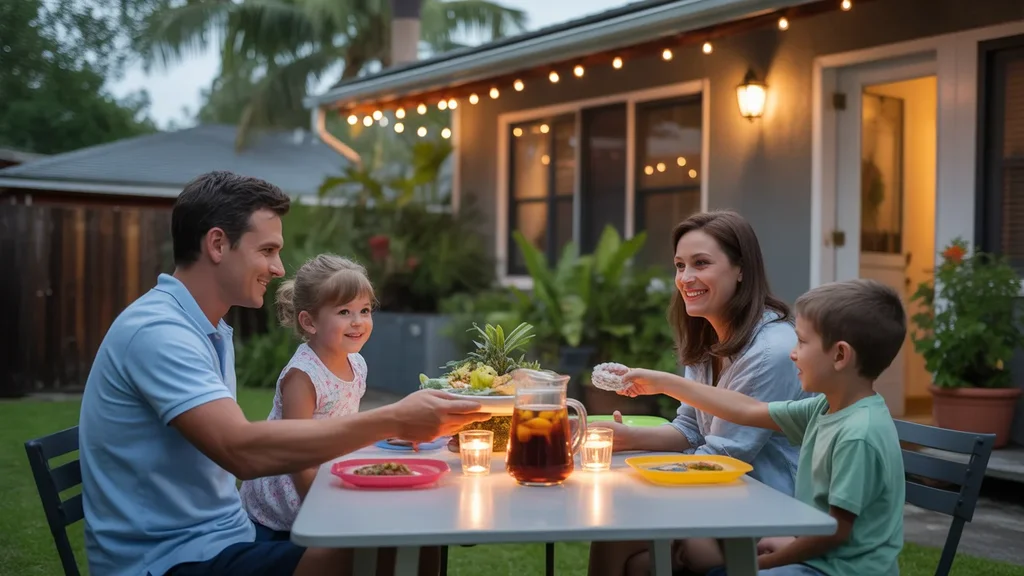 Family eating dinner on patio lit by candles to save electricity on summer night in Tampa