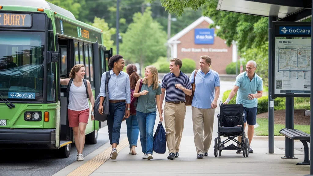 Commuters of various ages and backgrounds exit a GoCary bus at a Wake Tech Community College stop in Cary, NC