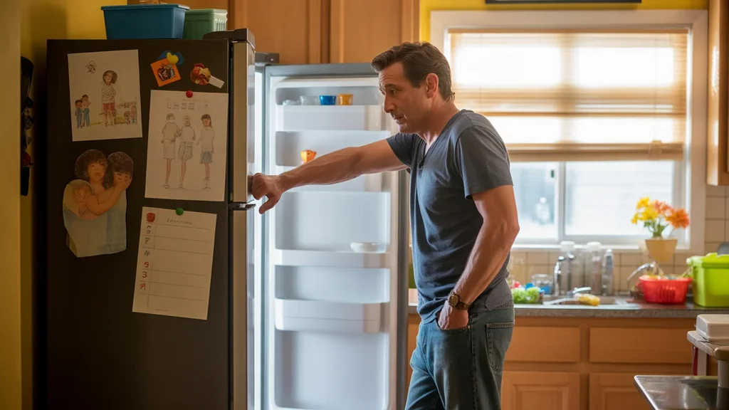 A father stands in front of an open refrigerator, deep in thought, in a warmly lit North Las Vegas kitchen.