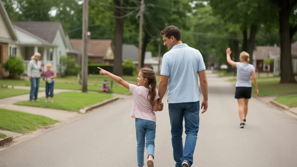 Father and daughter walking on a residential street in Shively, KY