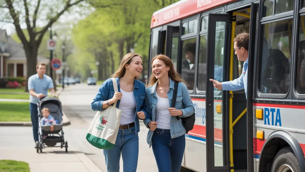 Two friends laughing and walking toward a parked RTA bus on a residential street in Aurora, IL
