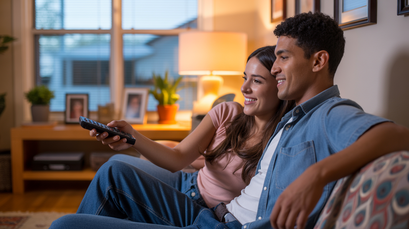 Couple browsing streaming options on TV in cozy Davenport, FL living room at sunset