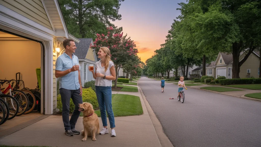 Neighbors chatting casually in their driveway on a quiet street in Roswell, GA at sunset