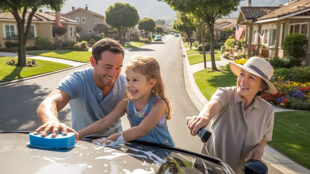 Father and daughter washing car together in driveway of Chino Hills home, illustrating strong community vibe.