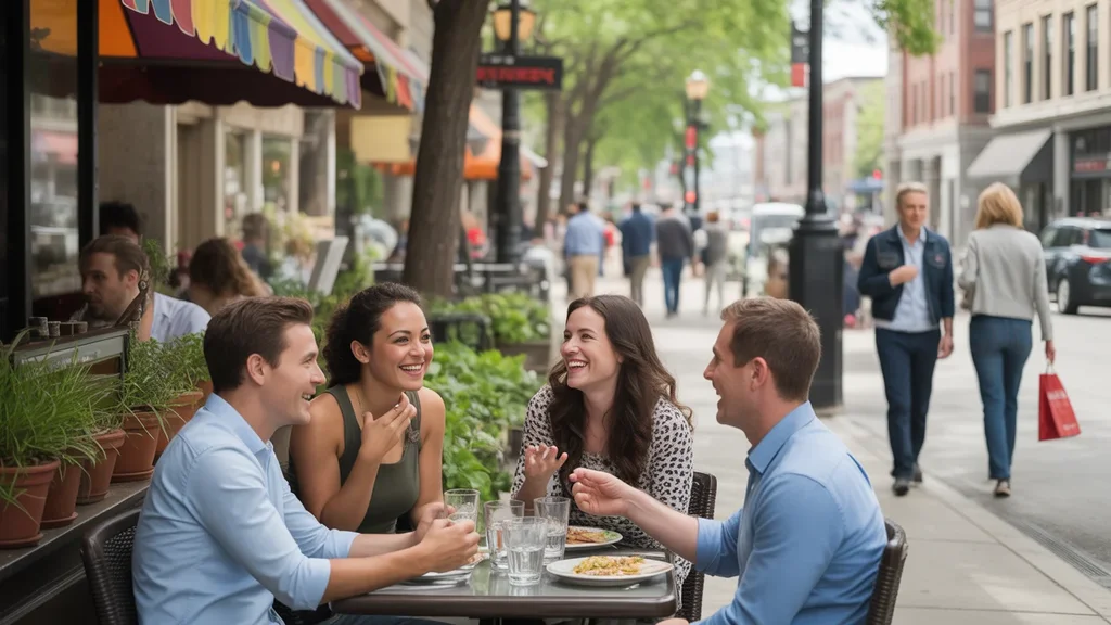 Coworkers enjoying lunch together at outdoor restaurant table in downtown Evanston