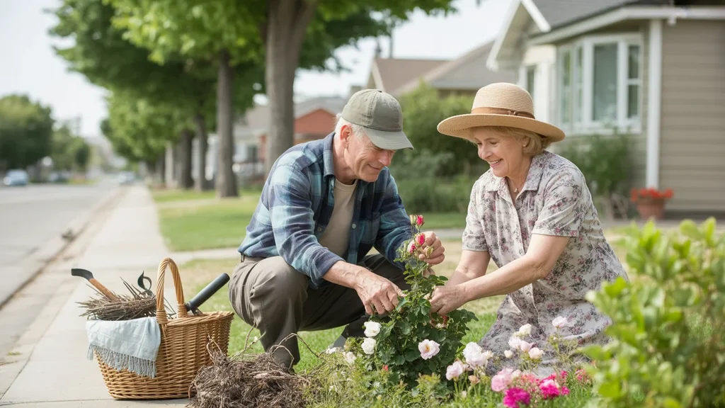 An older couple gardening together in their front yard on a quiet residential street in West Jordan, Utah