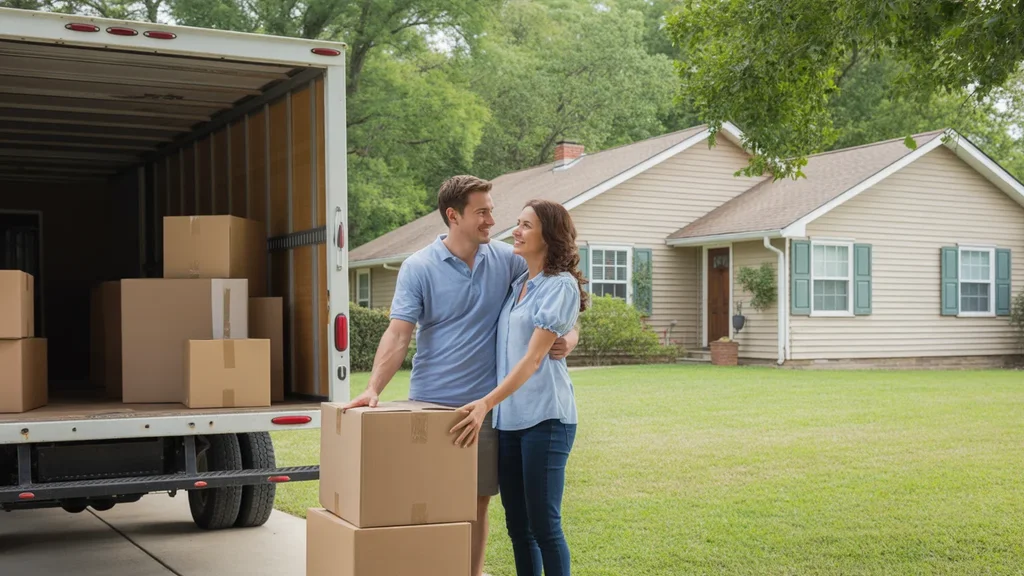 Couple smiling while moving boxes into new Valley Station KY home