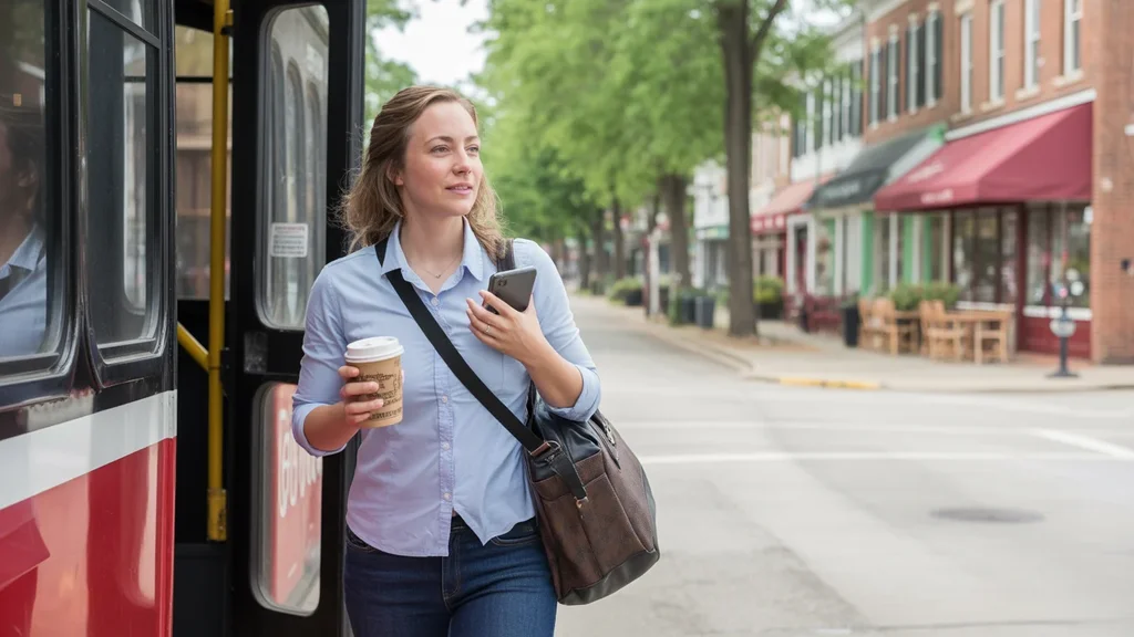 Woman commuting by bus in walkable Georgetown KY neighborhood