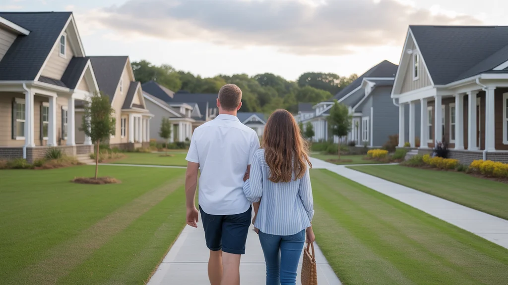 Couple walking through a new suburban neighborhood in Smyrna, Tennessee at sunset