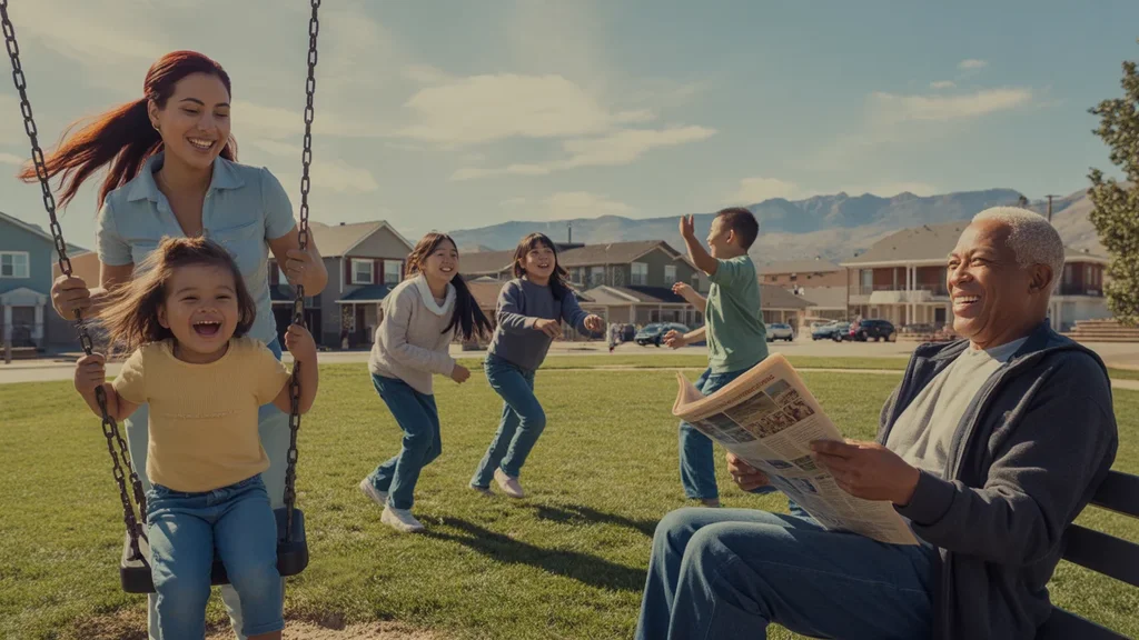 Diverse Aurora residents enjoying a sunny day at a local park, illustrating the city's community spirit and quality of life.