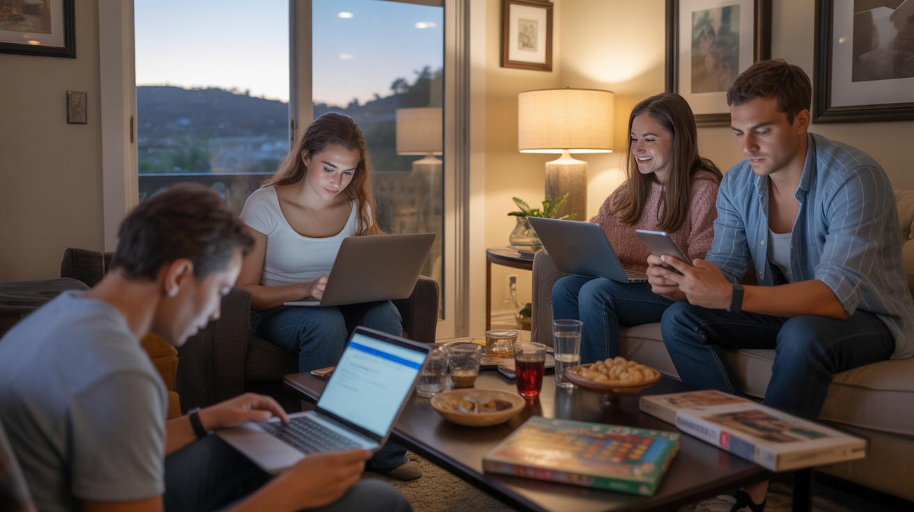 A group of friends in a Mission Viejo living room, each using their own digital devices while enjoying each other's company.