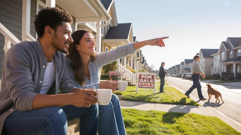 Couple sits on apartment steps looking at house for sale across the street in Ontario, CA neighborhood