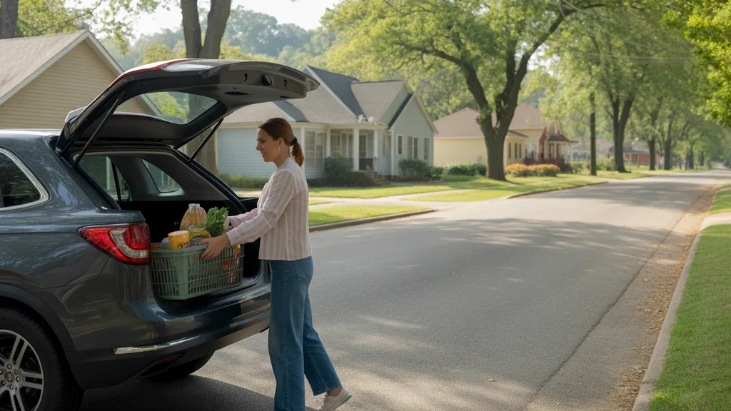 Woman unloading groceries from car trunk in Hermitage, TN neighborhood