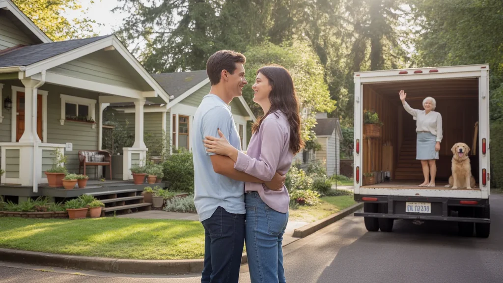 A young couple standing in front of their new Gresham home, with a friendly neighbor waving from her porch next door.