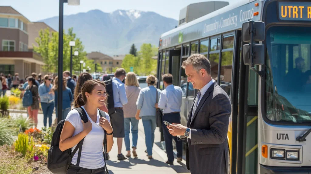 Students exiting a UTA bus at a community college campus stop in Sandy, Utah