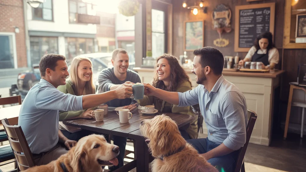 Friends toasting drinks at a cozy cafe in Middletown, KY with dogs resting at their feet