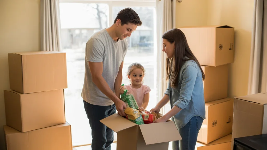 Family unpacks affordable groceries in their new Commerce City home kitchen