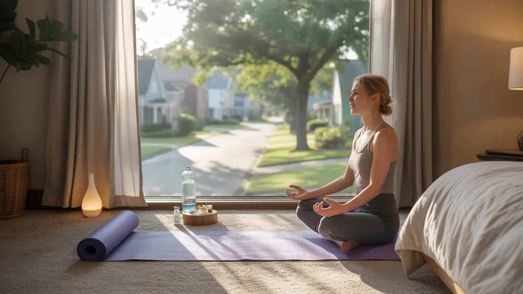 Yoga mat, water bottle, and diffuser by bedroom window in League City, TX home