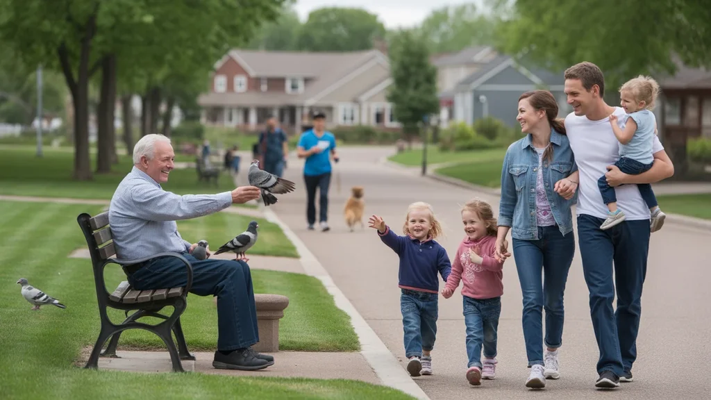 Elderly man sitting peacefully on park bench waves to young family walking on trail in suburban Centennial, Colorado