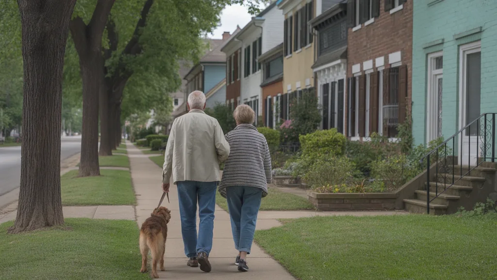 Couple walking dog in quaint Versailles, KY neighborhood