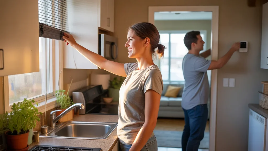 Woman closing blackout curtains in sunlit apartment kitchen in Thornton, Colorado