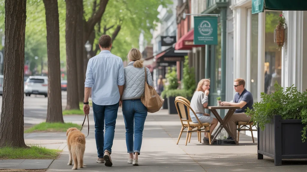 A couple walks their dog past quaint shops on a sunny day in Beaverton, Oregon