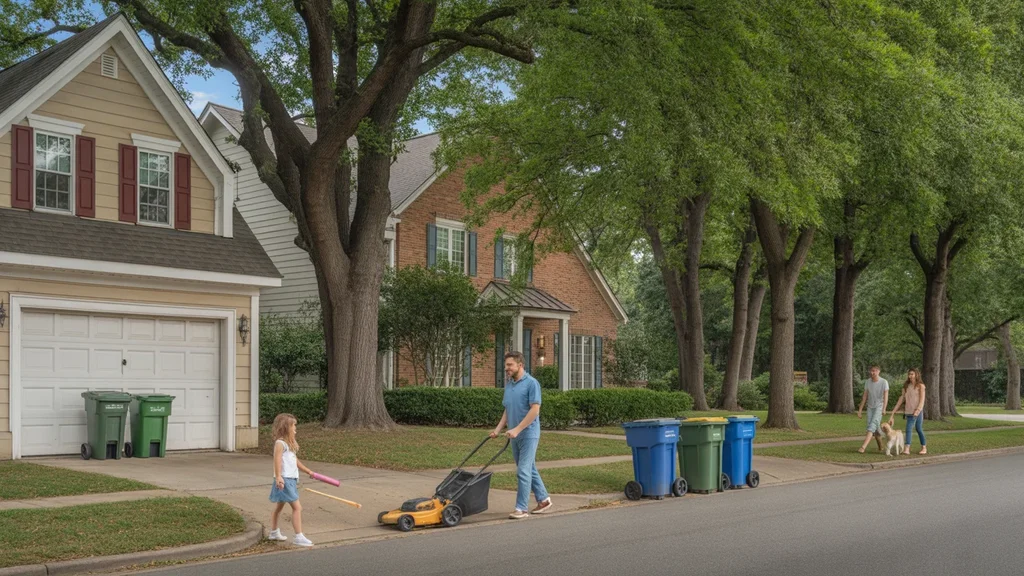 Trash bins lined up outside a townhome and single-family house on a tree-lined street in Raleigh, NC
