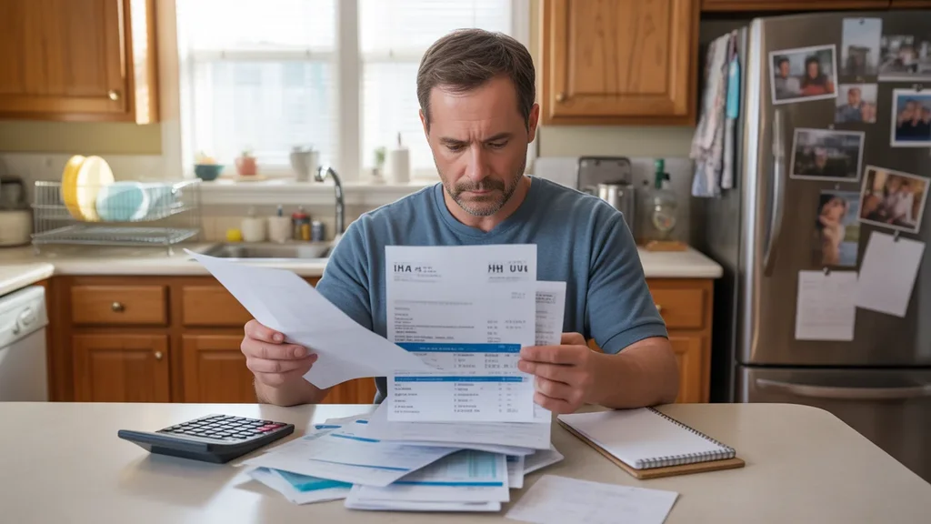 Man reviewing utility bills and fees at his kitchen table in Alpharetta, Georgia home