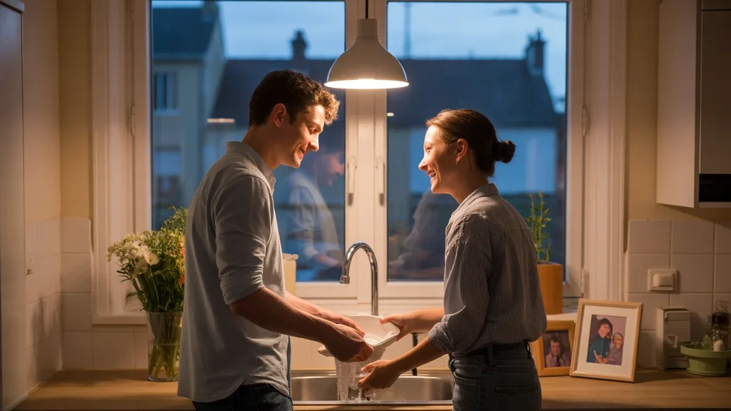 Couple washing dishes together at night in their Versailles home kitchen