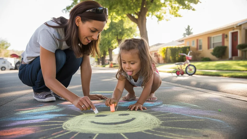 Mother and young daughter drawing colorful chalk art on the sidewalk of their suburban Sunrise Manor home