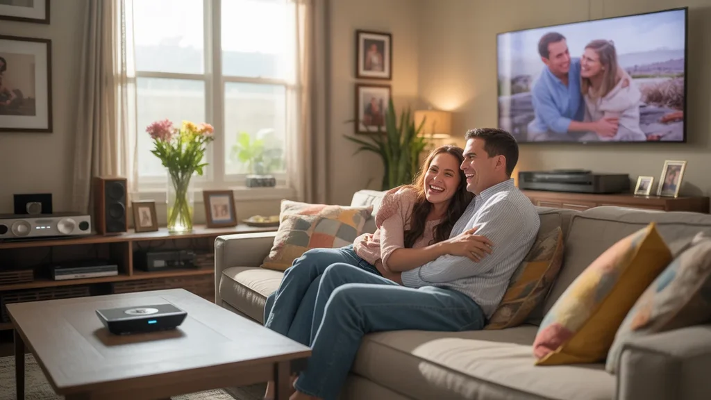 Couple streaming TV show in cozy Chino Hills living room