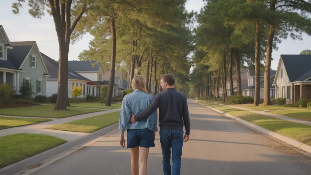 Couple walking through a peaceful Douglasville neighborhood at sunset