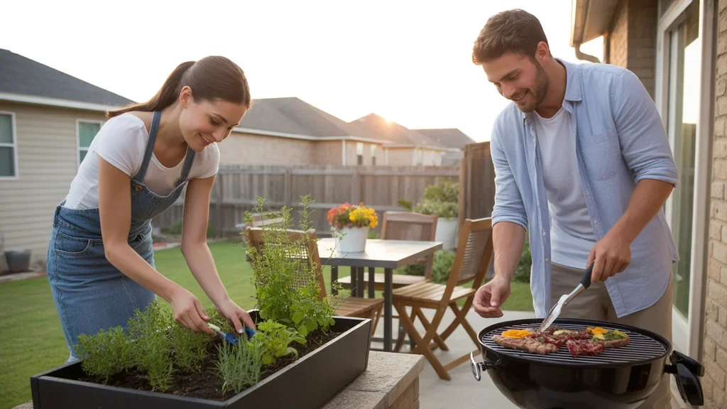 A couple enjoys a quiet evening on their patio in Frisco, TX, tending to an herb garden and preparing to grill dinner.
