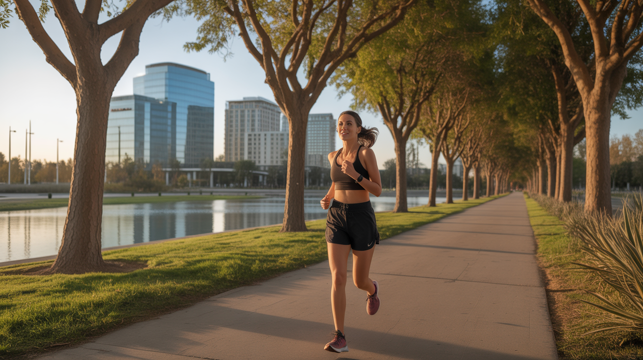 Woman jogging on path in Irvine, California at sunset