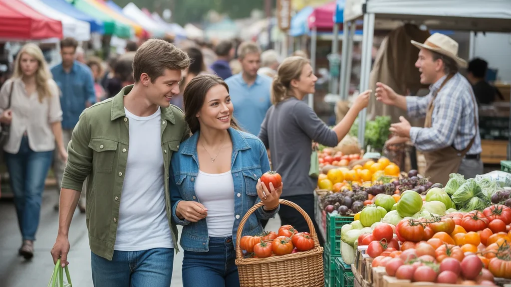A couple shopping for fresh produce at a farmer's market in Nashville, TN