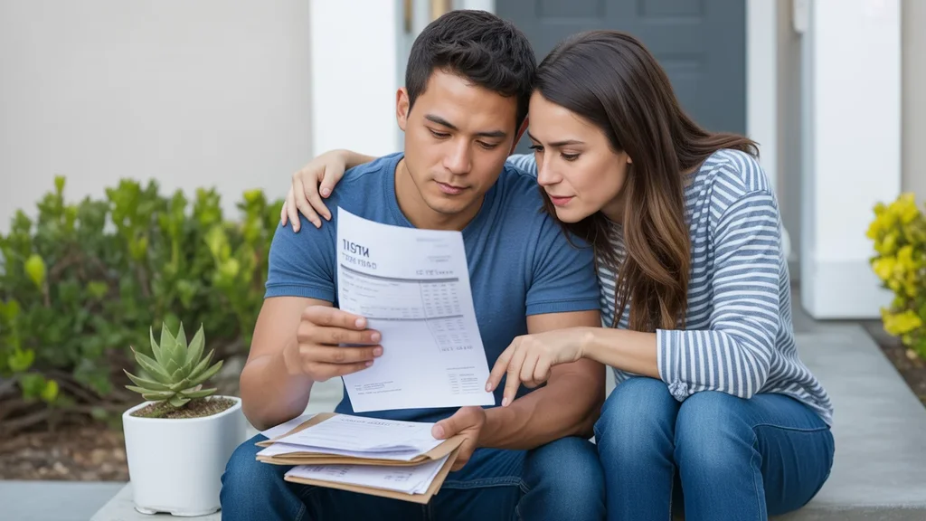 Couple reviewing property tax bill while sitting on townhome steps in Tustin, CA