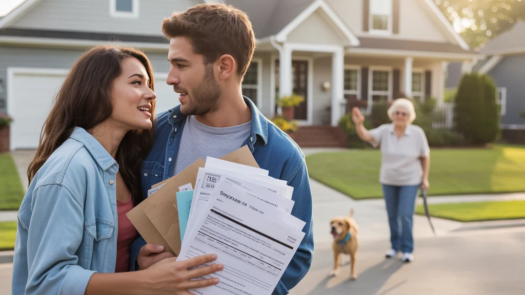 A couple reviews property tax and HOA bills outside their new home in Smyrna, TN.