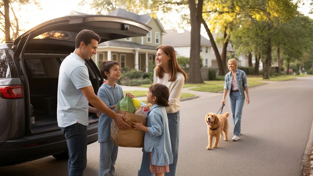 A family unloads groceries from their car in the driveway of their Raleigh home at sunset, showcasing the relaxed suburban lifestyle in this NC city.