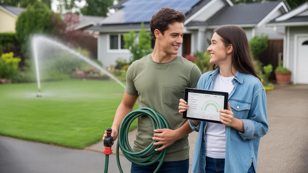 Couple checks energy usage and waters lawn of Tualatin home with solar panels