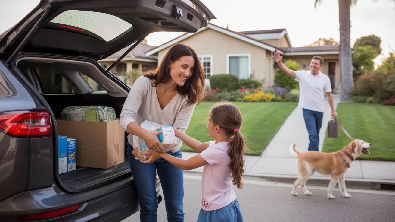 A family unloading groceries in their Mission Viejo driveway at sunset, showcasing suburban contentment.