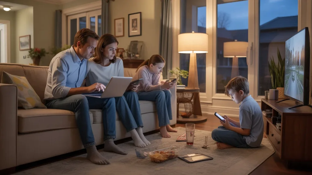 A family in Brentwood, TN spends an evening together but apart, absorbed in their digital devices in the living room.