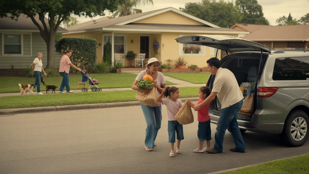 A Hispanic multi-generational family unloading groceries in their driveway in a Kissimmee neighborhood at golden hour.