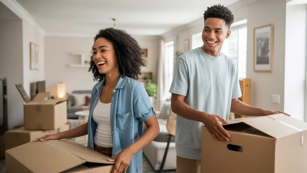 Couple unpacking in their new Jeffersontown apartment