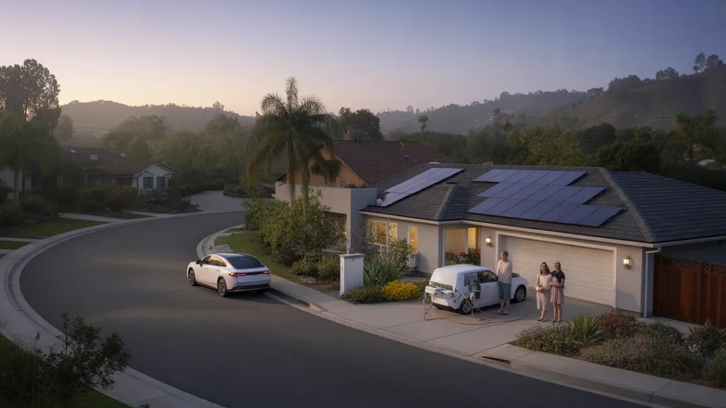 Aerial view of a modern Chino Hills home with solar panels at sunrise